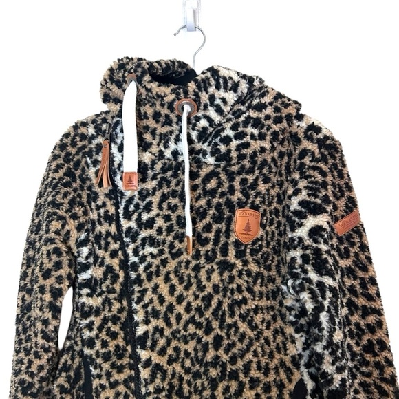 Wanakome Bliss Sherpa Leopard Print Hoodie- Cowl Neck Full Zip Hoodie- Size XS - Picture 3 of 9